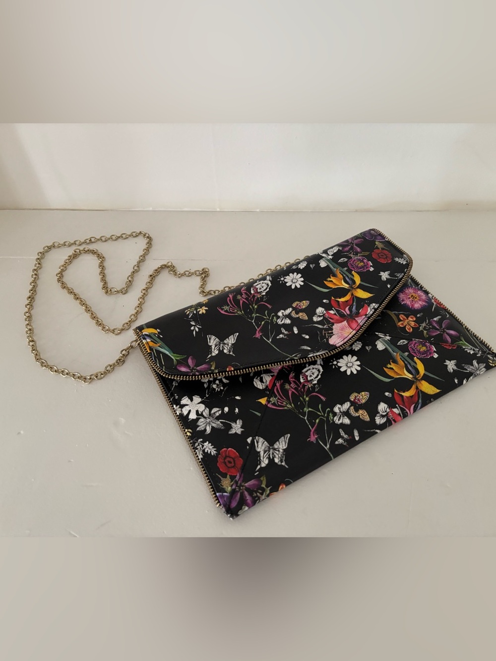 Floral Black Envelope Crossbody Clutch with Gold Chain